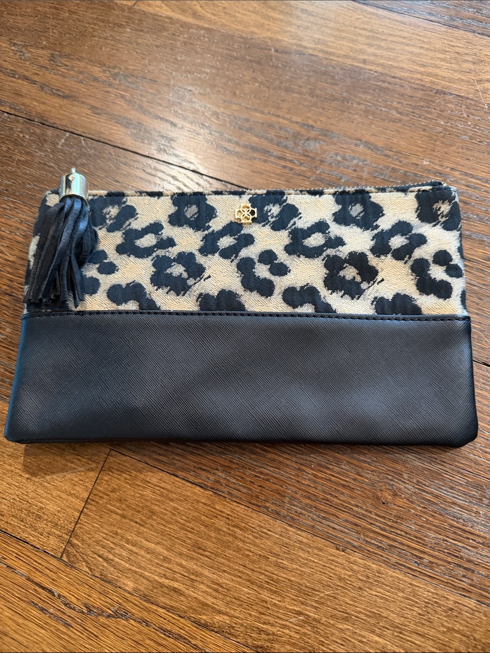 Ann Taylor Leather Trim Leopard Print Zip Clutch - Black and Cream